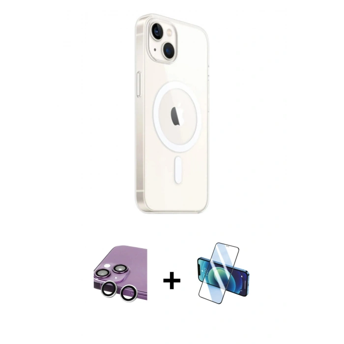 MARSİLYAN™- iPhone 14 Kılıf Ahenk Yansıma Prime - Siyah 3D Antistatik Cam Ekran Koruyucu + Raze Metal Kamera Lens - GS