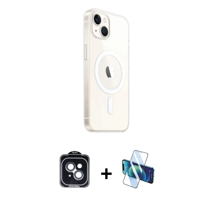 MARSİLYAN™- iPhone 14 Kılıf Ahenk Yansıma Prime - Siyah 3D Antistatik Cam Ekran Koruyucu + PVD Metal Kamera Lens - SH
