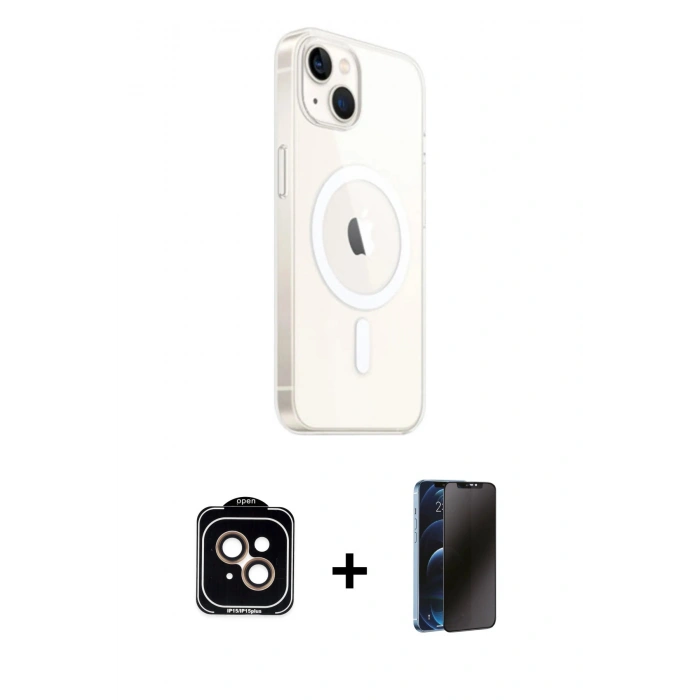 MARSİLYAN™- iPhone 14 Kılıf Ahenk Yansıma Prime - Siyah 3D Antistatik Hayalet Cam Ekran Koruyucu + PVD Metal Kamera Lens - TU