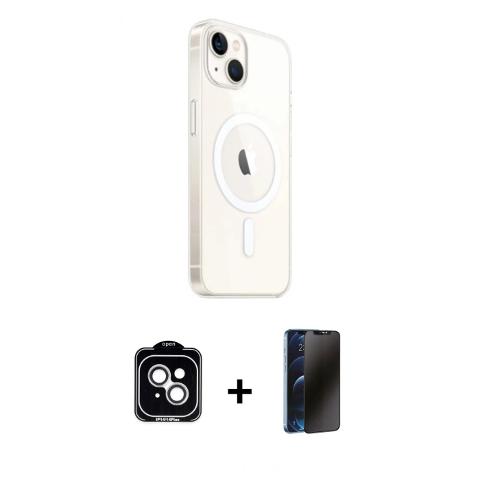 MARSİLYAN™- iPhone 14 Kılıf Ahenk Yansıma Prime - Siyah 3D Antistatik Hayalet Cam Ekran Koruyucu + PVD Metal Kamera Lens - GS