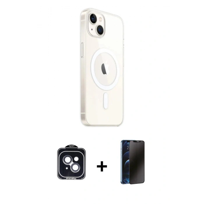 MARSİLYAN™- iPhone 14 Kılıf Ahenk Yansıma Prime - Siyah 3D Antistatik Hayalet Cam Ekran Koruyucu + PVD Metal Kamera Lens - SH