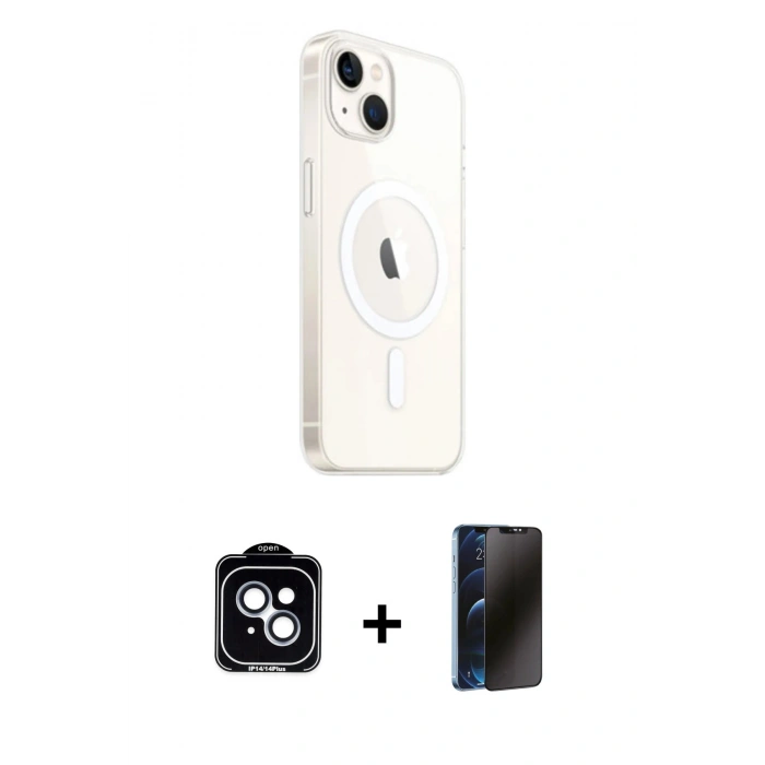 MARSİLYAN™- iPhone 14 Kılıf Ahenk Yansıma Prime - Siyah 3D Antistatik Hayalet Cam Ekran Koruyucu + PVD Metal Kamera Lens - MI