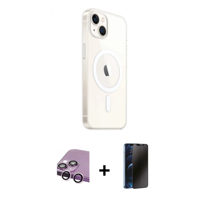MARSİLYAN™- iPhone 14 Kılıf Ahenk Yansıma Prime - Siyah 3D Antistatik Hayalet Cam Ekran Koruyucu + Raze Metal Kamera Lens - MR