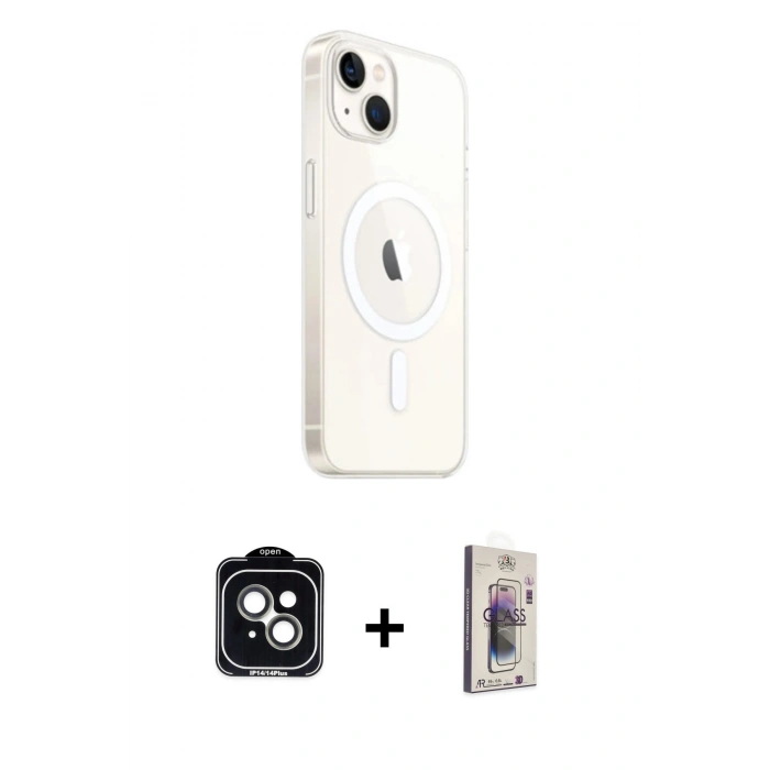 MARSİLYAN™- iPhone 14 Kılıf Ahenk Yansıma Prime - Siyah Bilvis 3D Cam Ekran Koruyucu + PVD Metal Kamera Lens - YL