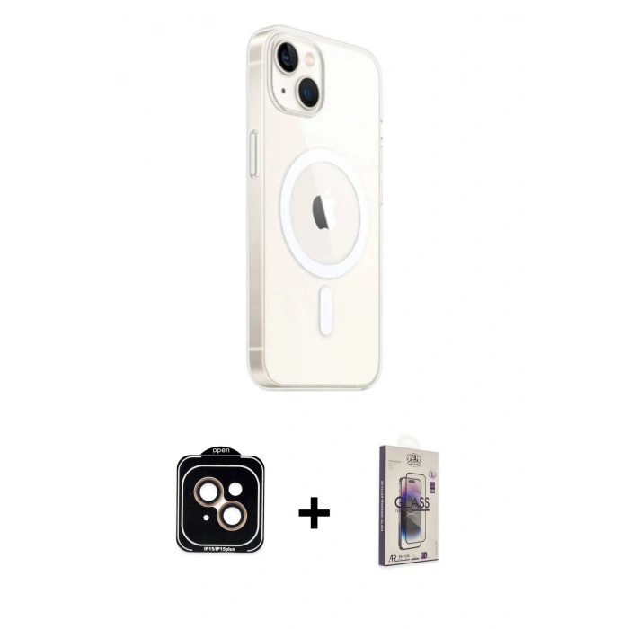 MARSİLYAN™- iPhone 14 Kılıf Ahenk Yansıma Prime - Siyah Bilvis 3D Cam Ekran Koruyucu + PVD Metal Kamera Lens - TU