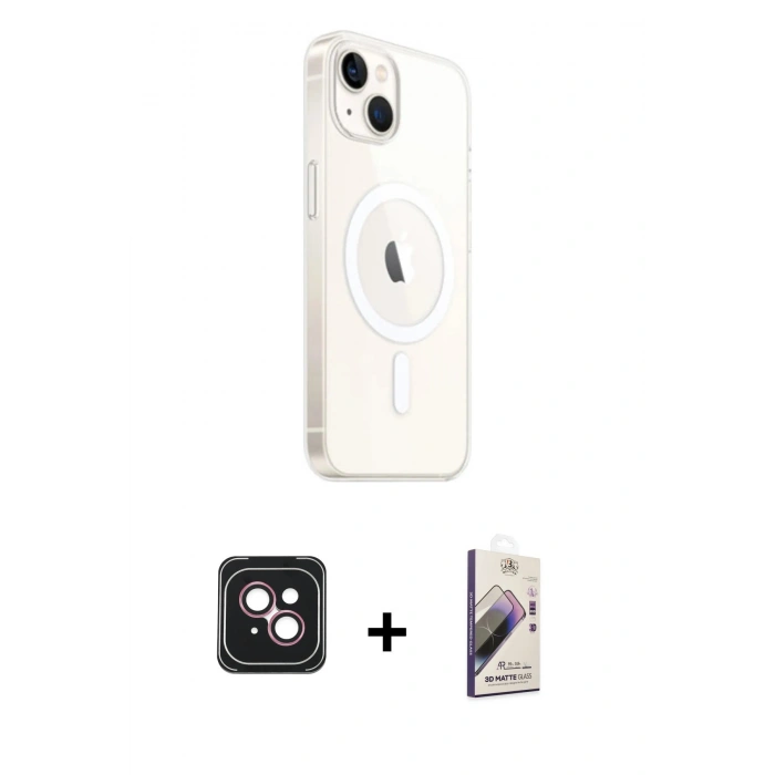 MARSİLYAN™- iPhone 14 Kılıf Ahenk Yansıma Prime - Siyah Bilvis 3D Mat Cam Ekran Koruyucu + PVD Metal Kamera Lens - PE