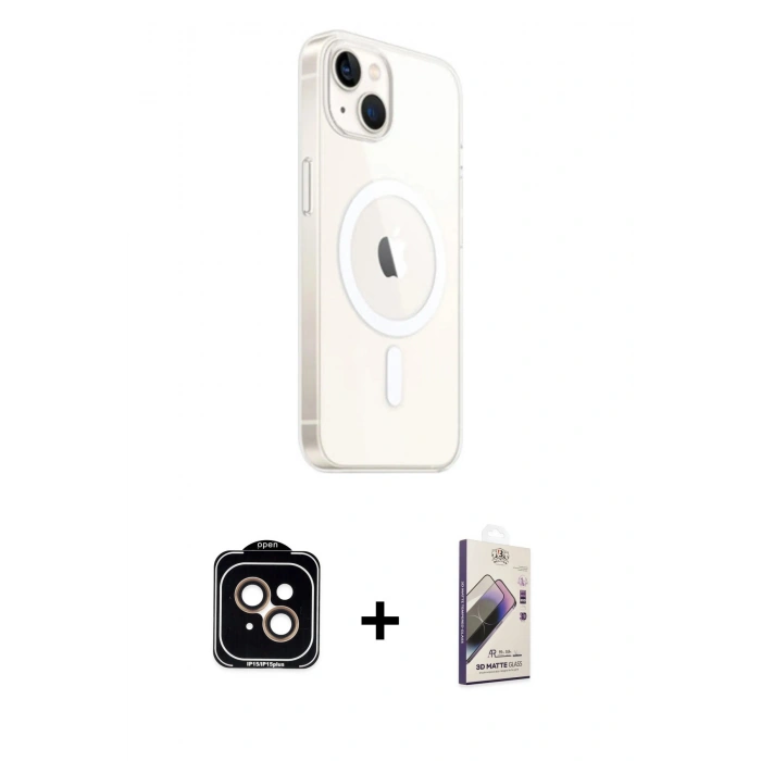MARSİLYAN™- iPhone 14 Kılıf Ahenk Yansıma Prime - Siyah Bilvis 3D Mat Cam Ekran Koruyucu + PVD Metal Kamera Lens - TU
