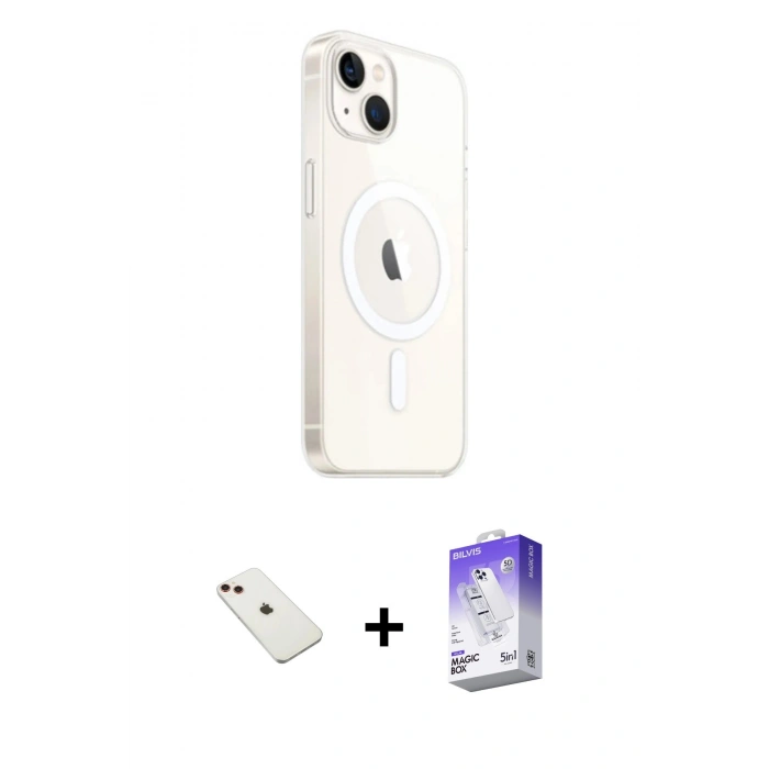MARSİLYAN™- iPhone 14 Kılıf Ahenk Yansıma Prime - Siyah Bilvis 5in1 3D Magic Cam Ekran Koruyucu + Kırmızı Diamond Kamera Lens