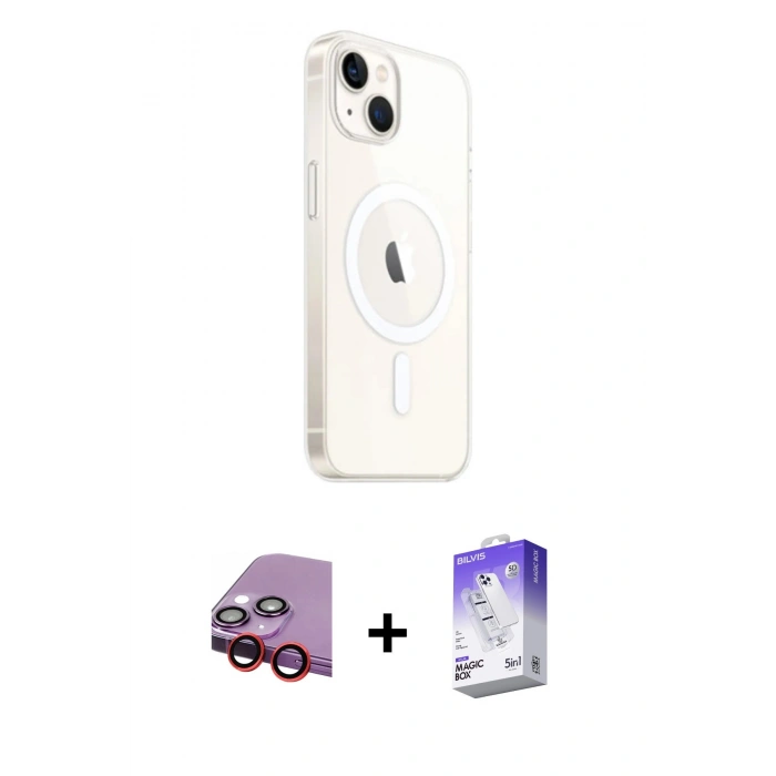 MARSİLYAN™- iPhone 14 Kılıf Ahenk Yansıma Prime - Siyah Bilvis 5in1 3D Magic Cam Ekran Koruyucu + Raze Metal Kamera Lens - KI