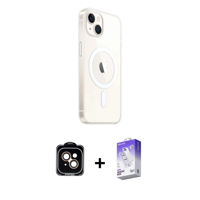 MARSİLYAN™- iPhone 14 Kılıf Ahenk Yansıma Prime - Siyah Bilvis 5in1 3D Magic Cam Ekran Koruyucu + PVD Metal Kamera Lens - TU