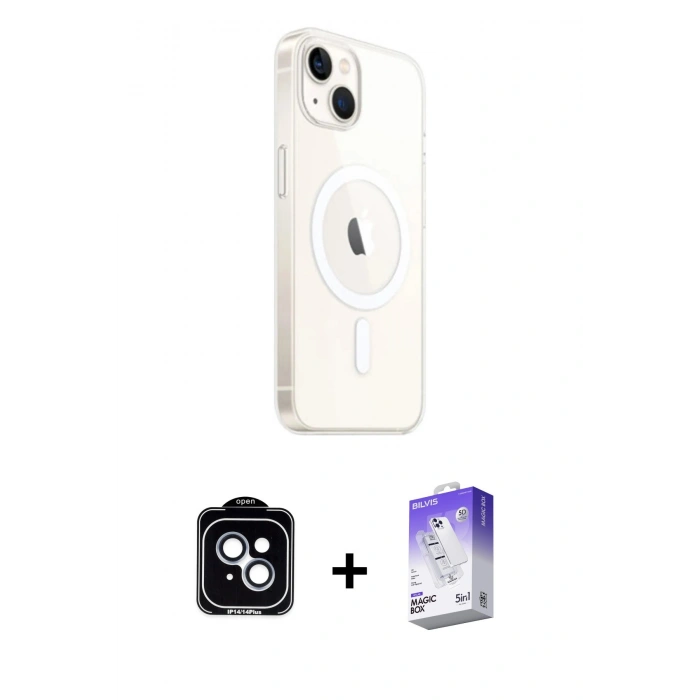 MARSİLYAN™- iPhone 14 Kılıf Ahenk Yansıma Prime - Siyah Bilvis 5in1 3D Magic Cam Ekran Koruyucu + PVD Metal Kamera Lens - MI