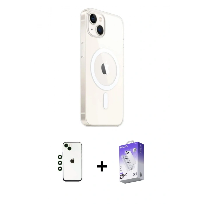 MARSİLYAN™- iPhone 14 Kılıf Ahenk Yansıma Prime - Siyah Bilvis 5in1 3D Magic Cam Ekran Koruyucu + Shine Kamera Lens - YL