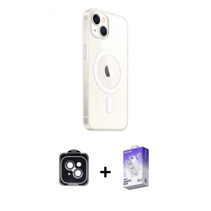 MARSİLYAN™- iPhone 14 Kılıf Ahenk Yansıma Prime - Siyah Bilvis 5in1 3D Magic Cam Ekran Koruyucu + PVD Metal Kamera Lens - SH