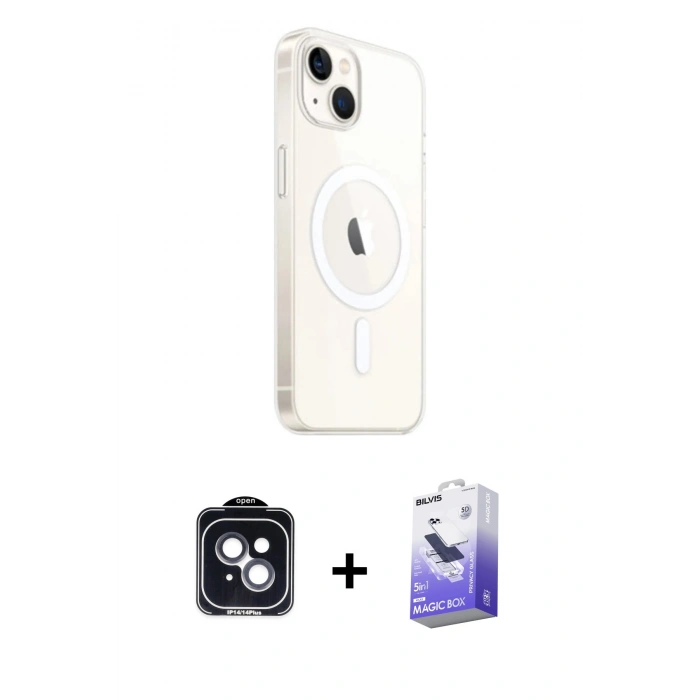 MARSİLYAN™- iPhone 14 Kılıf Ahenk Yansıma Prime - Siyah Bilvis 5in1 5D Magic Hayalet Cam Ekran Koruyucu + PVD Metal Kamera Lens - SH