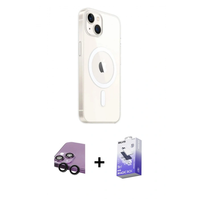 MARSİLYAN™- iPhone 14 Kılıf Ahenk Yansıma Prime - Siyah Bilvis 5in1 5D Magic Hayalet Cam Ekran Koruyucu + Raze Metal Kamera Lens - SH