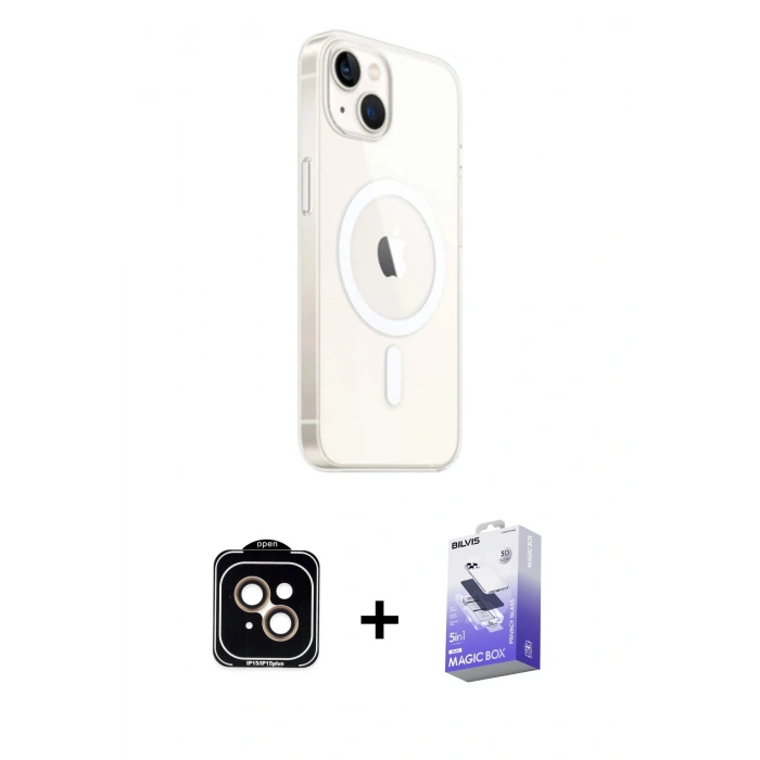 MARSİLYAN™- iPhone 14 Kılıf Ahenk Yansıma Prime - Siyah Bilvis 5in1 5D Magic Hayalet Cam Ekran Koruyucu + Turuncu PVD Metal Kamera Lens