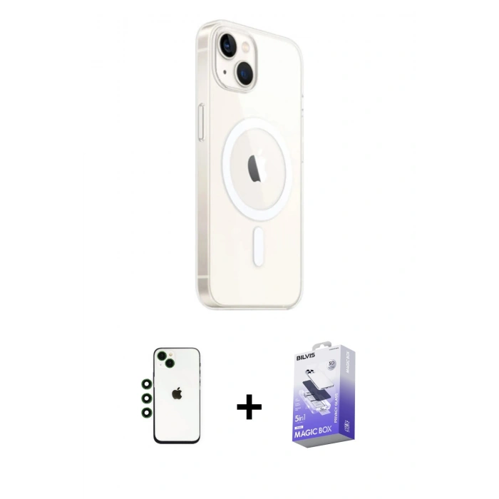 MARSİLYAN™- iPhone 14 Kılıf Ahenk Yansıma Prime - Siyah Bilvis 5in1 5D Magic Hayalet Cam Ekran Koruyucu + Yeşil Shine Kamera Lens