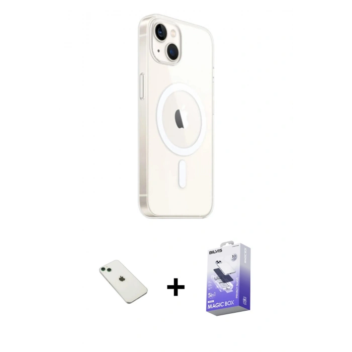 MARSİLYAN™- iPhone 14 Kılıf Ahenk Yansıma Prime - Siyah Bilvis 5in1 5D Magic Hayalet Cam Ekran Koruyucu + Diamond Kamera Lens - YL