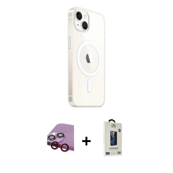 MARSİLYAN™- iPhone 14 Kılıf Ahenk Yansıma Prime - Siyah Bilvis Hayalet Cam Ekran Koruyucu + Raze Metal Kamera Lens - KI