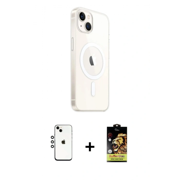 MARSİLYAN™- iPhone 14 Kılıf Ahenk Yansıma Prime - Siyah Buffer Cam Ekran Koruyucu + Gümüş Shine Kamera Lens