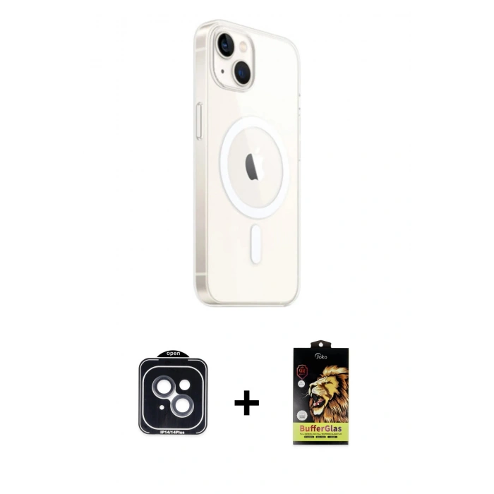 MARSİLYAN™- iPhone 14 Kılıf Ahenk Yansıma Prime - Siyah Buffer Cam Ekran Koruyucu + PVD Metal Kamera Lens - SH