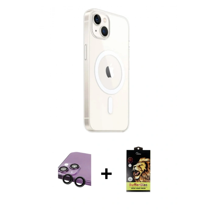 MARSİLYAN™- iPhone 14 Kılıf Ahenk Yansıma Prime - Siyah Buffer Cam Ekran Koruyucu + Raze Metal Kamera Lens - SH