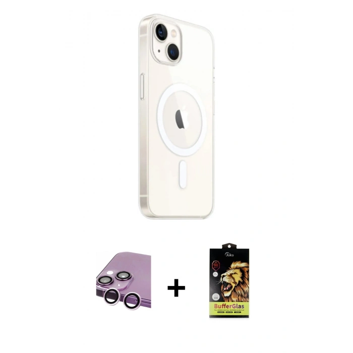 MARSİLYAN™- iPhone 14 Kılıf Ahenk Yansıma Prime - Siyah Buffer Cam Ekran Koruyucu + Raze Metal Kamera Lens - MR