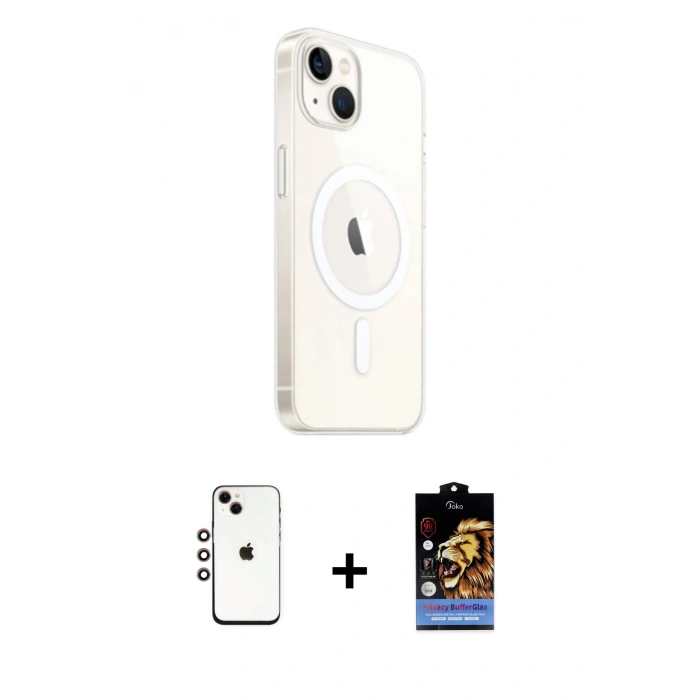 MARSİLYAN™- iPhone 14 Kılıf Ahenk Yansıma Prime - Siyah Buffer Hayalet Cam Ekran Koruyucu + Gökkuşağı Shine Kamera Lens