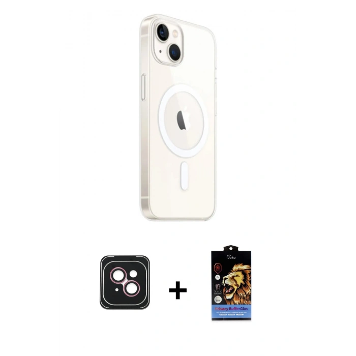 MARSİLYAN™- iPhone 14 Kılıf Ahenk Yansıma Prime - Siyah Buffer Hayalet Cam Ekran Koruyucu + PVD Metal Kamera Lens - PE