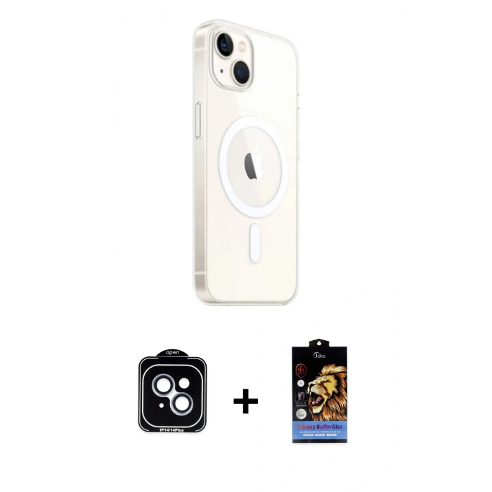 MARSİLYAN™- iPhone 14 Kılıf Ahenk Yansıma Prime - Siyah Buffer Hayalet Cam Ekran Koruyucu + PVD Metal Kamera Lens - MI