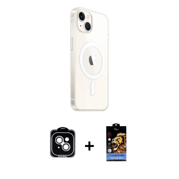 MARSİLYAN™- iPhone 14 Kılıf Ahenk Yansıma Prime - Siyah Buffer Hayalet Cam Ekran Koruyucu + PVD Metal Kamera Lens - GS