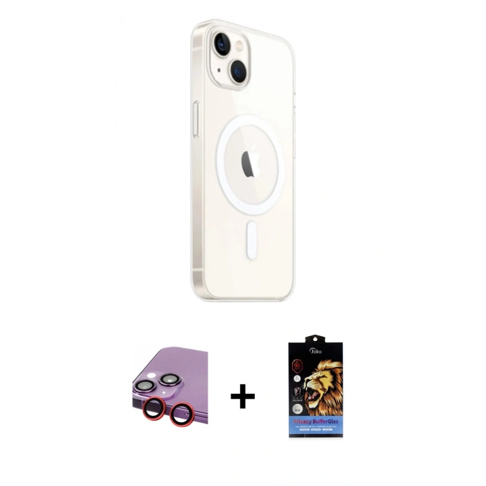 MARSİLYAN™- iPhone 14 Kılıf Ahenk Yansıma Prime - Siyah Buffer Hayalet Cam Ekran Koruyucu + Raze Metal Kamera Lens - KI