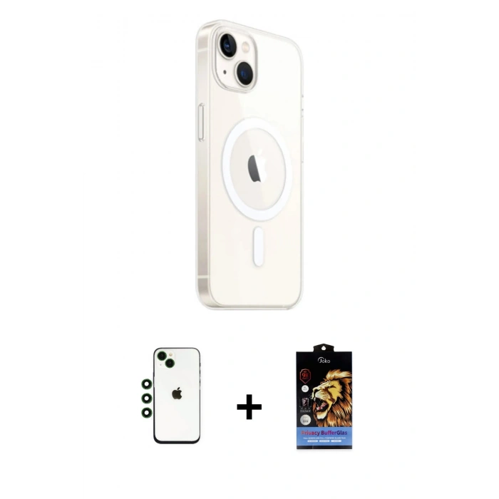 MARSİLYAN™- iPhone 14 Kılıf Ahenk Yansıma Prime - Siyah Buffer Hayalet Cam Ekran Koruyucu + Yeşil Shine Kamera Lens