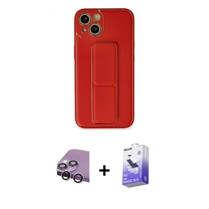 MARSİLYAN™- iPhone 14 Kılıf Akış Doku - Siyah Bilvis 5in1 5D Magic Hayalet Cam Ekran Koruyucu + Gümüş Raze Metal Kamera Lens