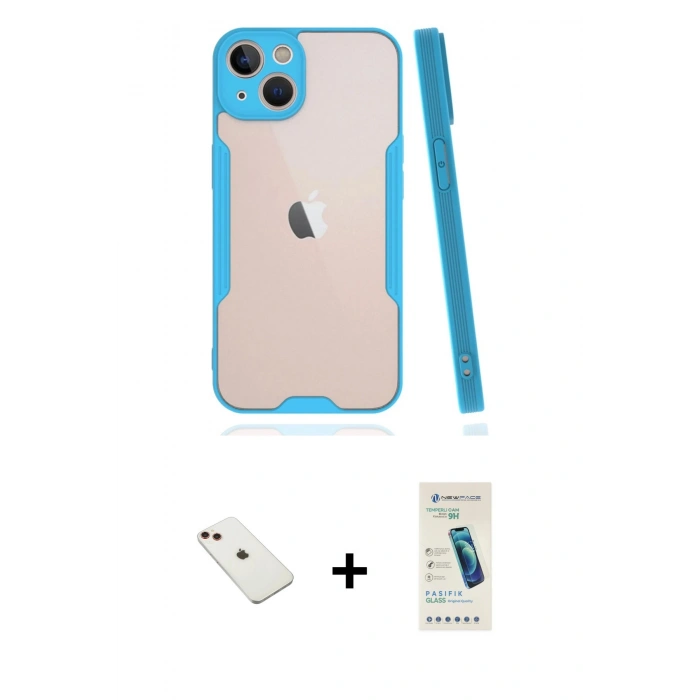 MARSİLYAN™- iPhone 14 Kılıf Atlas Asil Serisi - Şeffaf Pasifik Cam Ekran Koruyucu + Diamond Kamera Lens - KI