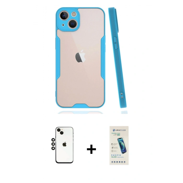 MARSİLYAN™- iPhone 14 Kılıf Atlas Asil Serisi - Şeffaf Pasifik Cam Ekran Koruyucu + Shine Kamera Lens - SH