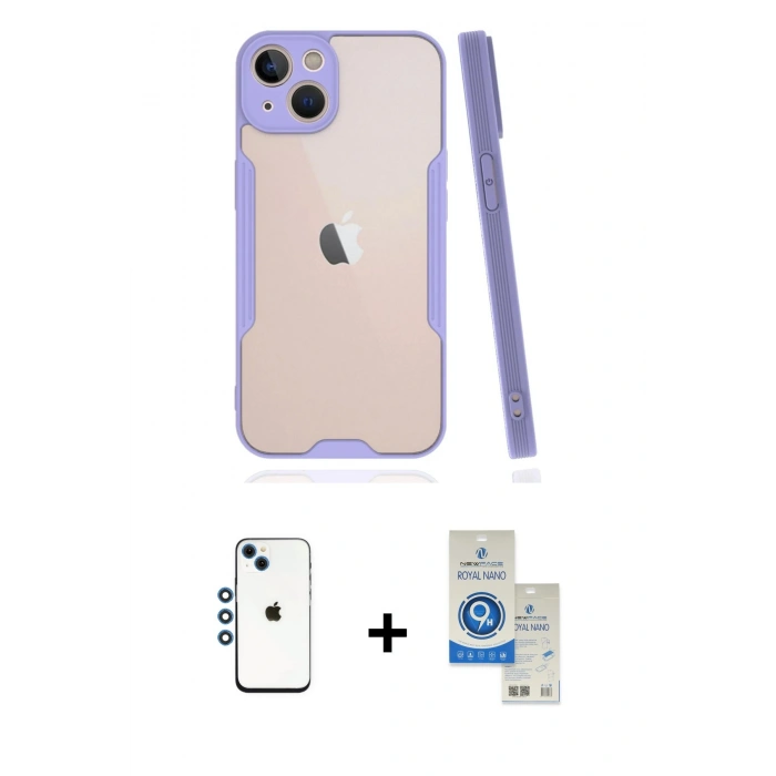 MARSİLYAN™- iPhone 14 Kılıf Atlas Asil Serisi - Şeffaf Royal Nano Ekran Koruyucu + Shine Kamera Lens - MI