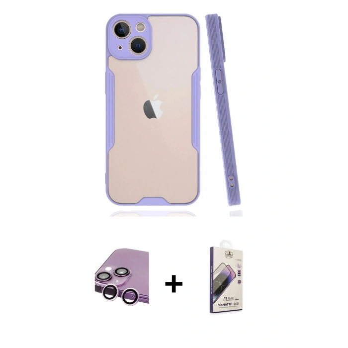 MARSİLYAN™- iPhone 14 Kılıf Atlas Asil Serisi - Siyah Bilvis 3D Mat Cam Ekran Koruyucu + Raze Metal Kamera Lens - MR