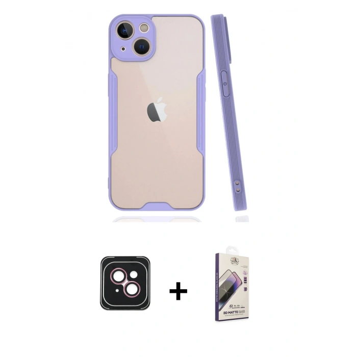 MARSİLYAN™- iPhone 14 Kılıf Atlas Asil Serisi - Siyah Bilvis 3D Mat Cam Ekran Koruyucu + PVD Metal Kamera Lens - PE