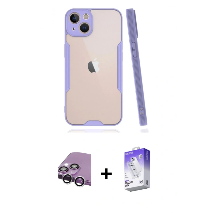 MARSİLYAN™- iPhone 14 Kılıf Atlas Asil Serisi - Siyah Bilvis 5in1 3D Magic Cam Ekran Koruyucu + Raze Metal Kamera Lens - GS