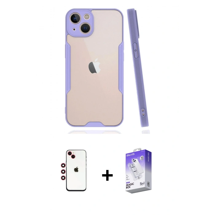 MARSİLYAN™- iPhone 14 Kılıf Atlas Asil Serisi - Siyah Bilvis 5in1 3D Magic Cam Ekran Koruyucu + Shine Kamera Lens - KI
