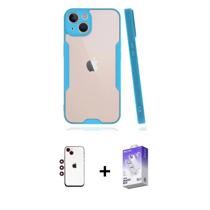 MARSİLYAN™- iPhone 14 Kılıf Atlas Asil Serisi - Siyah Bilvis 5in1 3D Magic Cam Ekran Koruyucu + Shine Kamera Lens - KI