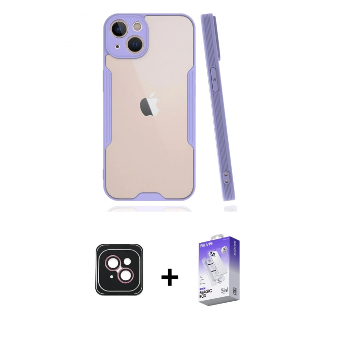 MARSİLYAN™- iPhone 14 Kılıf Atlas Asil Serisi - Siyah Bilvis 5in1 3D Magic Cam Ekran Koruyucu + Pembe PVD Metal Kamera Lens