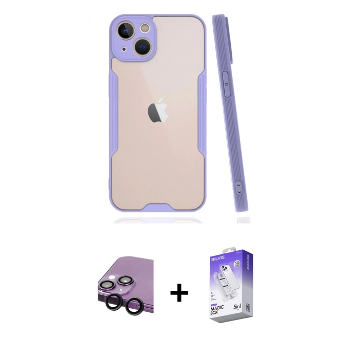 MARSİLYAN™- iPhone 14 Kılıf Atlas Asil Serisi - Siyah Bilvis 5in1 3D Magic Cam Ekran Koruyucu + Raze Metal Kamera Lens - SH
