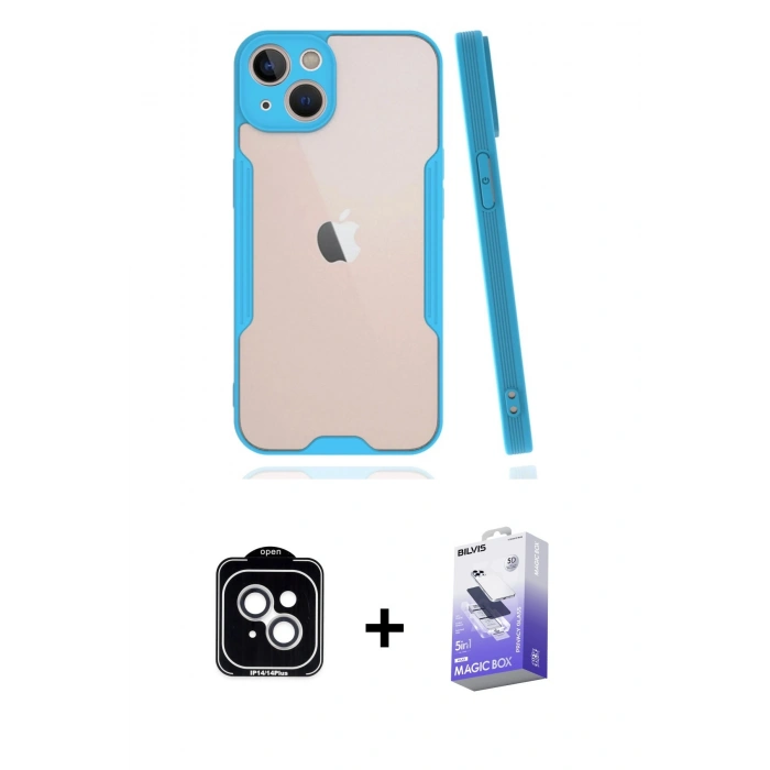 MARSİLYAN™- iPhone 14 Kılıf Atlas Asil Serisi - Siyah Bilvis 5in1 5D Magic Hayalet Cam Ekran Koruyucu + PVD Metal Kamera Lens - GS