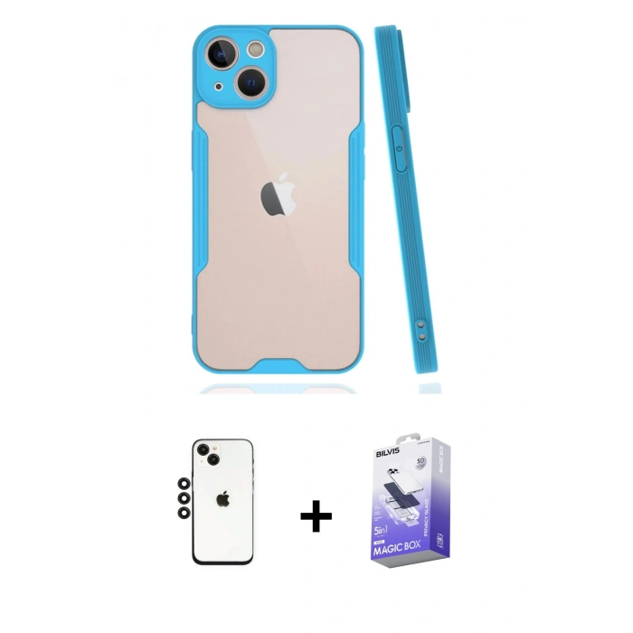 MARSİLYAN™- iPhone 14 Kılıf Atlas Asil Serisi - Siyah Bilvis 5in1 5D Magic Hayalet Cam Ekran Koruyucu + Shine Kamera Lens - SH