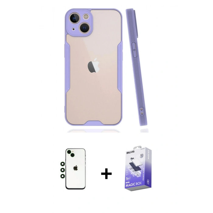 MARSİLYAN™- iPhone 14 Kılıf Atlas Asil Serisi - Siyah Bilvis 5in1 5D Magic Hayalet Cam Ekran Koruyucu + Shine Kamera Lens - YL