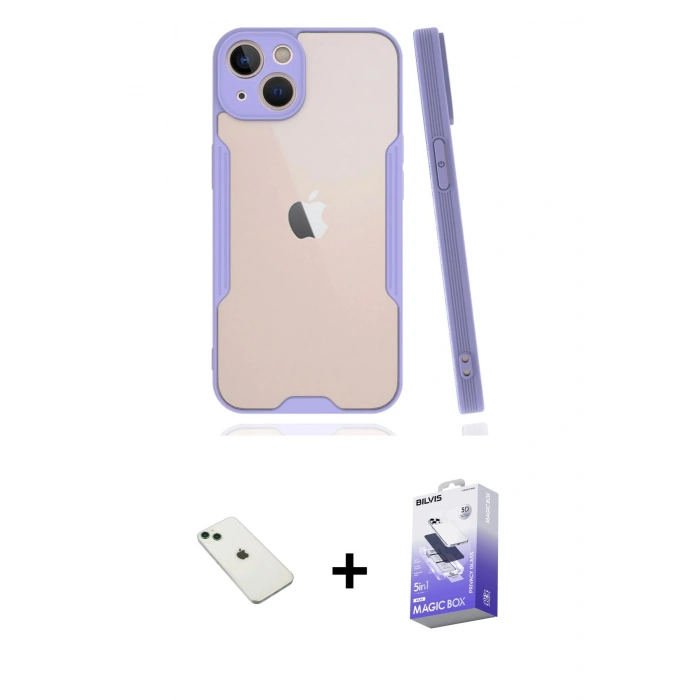 MARSİLYAN™- iPhone 14 Kılıf Atlas Asil Serisi - Siyah Bilvis 5in1 5D Magic Hayalet Cam Ekran Koruyucu + Diamond Kamera Lens - YL