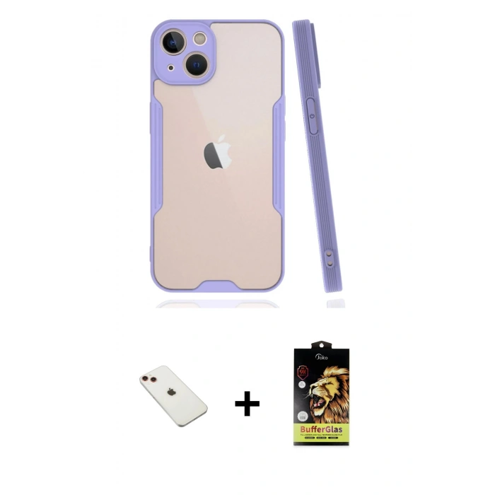 MARSİLYAN™- iPhone 14 Kılıf Atlas Asil Serisi - Siyah Buffer Cam Ekran Koruyucu + Diamond Kamera Lens - KI
