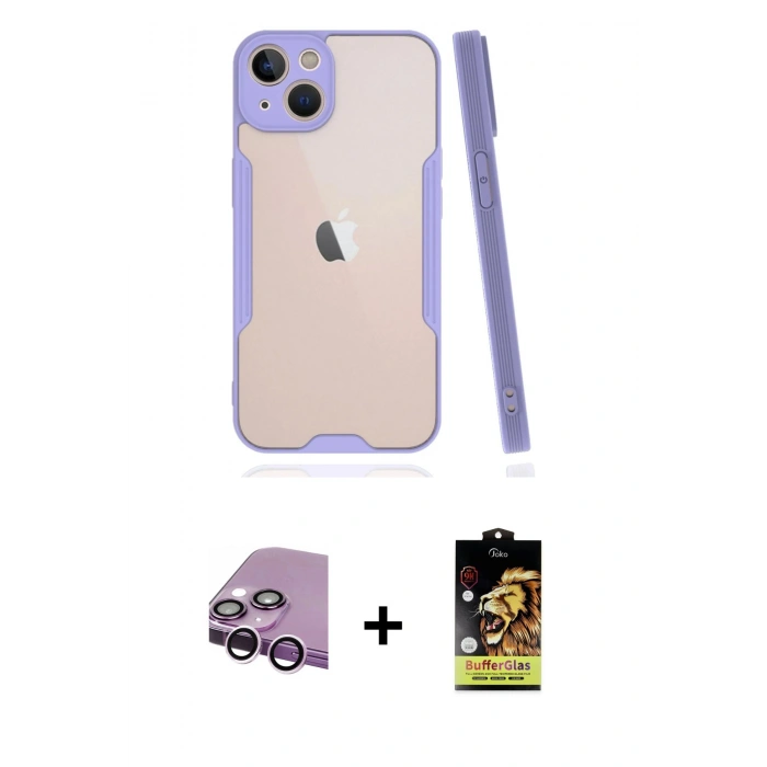 MARSİLYAN™- iPhone 14 Kılıf Atlas Asil Serisi - Siyah Buffer Cam Ekran Koruyucu + Raze Metal Kamera Lens - MR